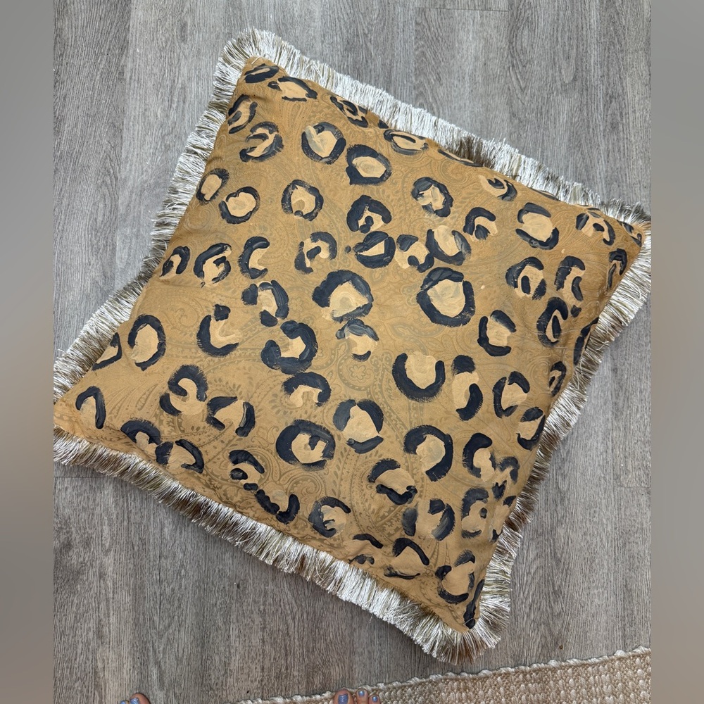 Leopard Print Fringe Handpainted accent 26x26” Throw or floor Pillow w/ fringe